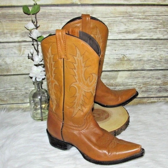Stetson Tan Brown Leather Mid Calf Cowboy Boots